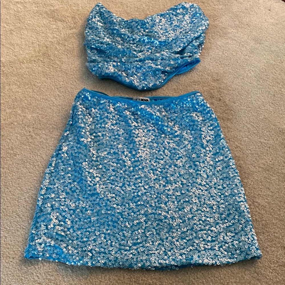 Fashion nova NWT light blue sequined skirt and top set - Picture 2 of 9